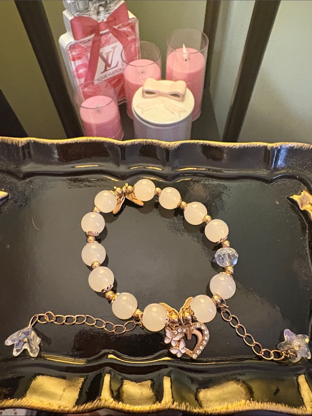 Beaded Pink Chalcedony Bracelet with Gold Heart Charm